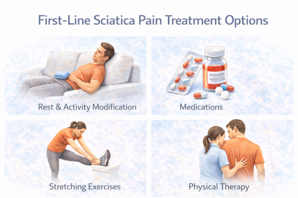 First line sciatica pain treatment options image